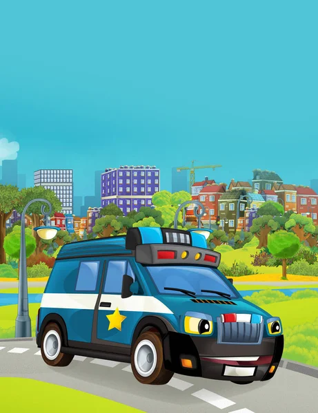 Cartoon scene met politie auto voertuig op de weg - illustratie voor kinderen — Stockfoto