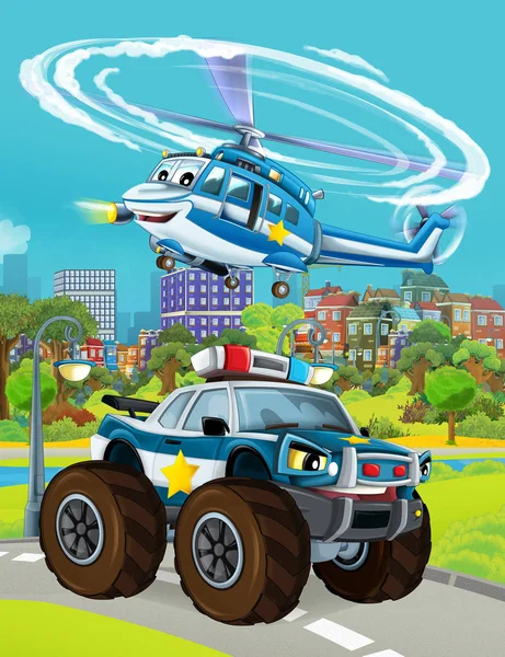 Cartoon scene met politie auto voertuig op de weg en helikopter vliegen - illustratie voor kinderen — Stockfoto