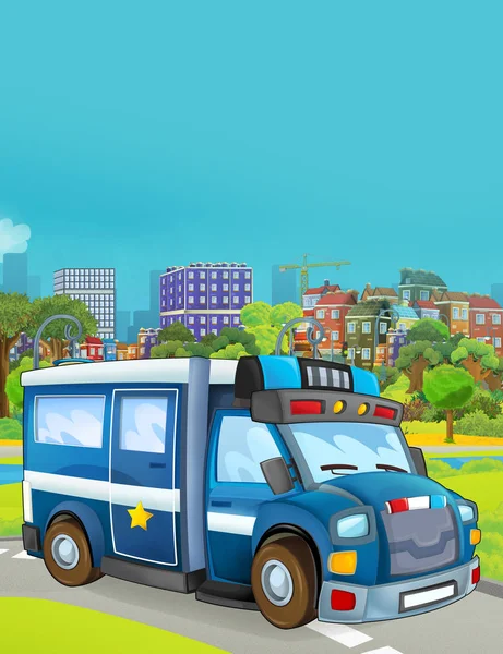道路上の警察車両と漫画シーン-子供のためのイラスト — ストック写真