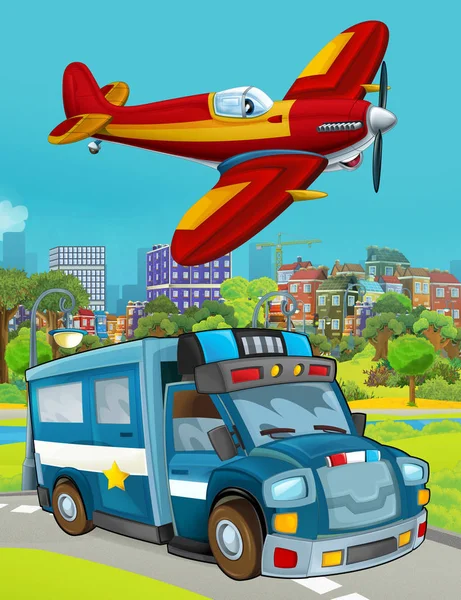 Cena dos desenhos animados com veículo de carro da polícia na estrada e avião bombeiro voando - ilustração para crianças — Fotografia de Stock