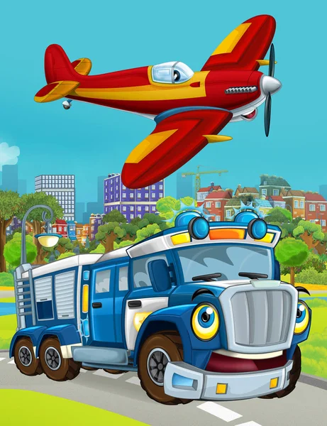 Мультфильм с полицейским автомобилем на дороге и летающим пожарным самолетом - иллюстрация для детей — стоковое фото