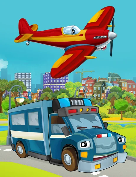 Σκηνή κινουμένων σχεδίων με αυτοκίνητο της αστυνομίας όχημα στο δρόμο και πυροσβέστης αεροπλάνο που φέρουν - εικονογράφηση για τα παιδιά — Φωτογραφία Αρχείου