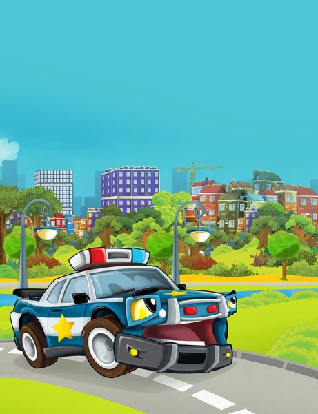 Cartoon scene met politie auto voertuig op de weg - illustratie voor kinderen — Stockfoto