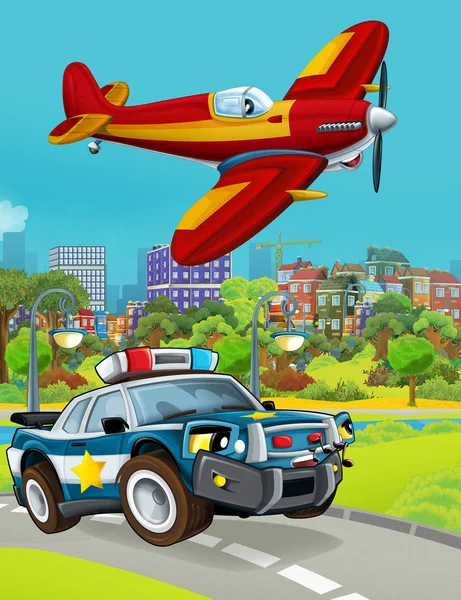 Cartoon scene met politie auto voertuig op de weg en brandweerman vliegtuig vliegen - illustratie voor kinderen — Stockfoto