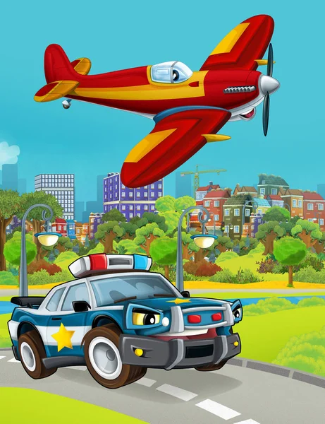 Scène de dessin animé avec véhicule de police sur la route et avion pompier volant illustration pour les enfants — Photo