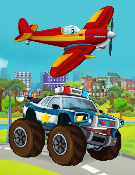 Cartoon scene met politie auto voertuig op de weg en brandweerman vliegtuig vliegen - illustratie voor kinderen — Stockfoto