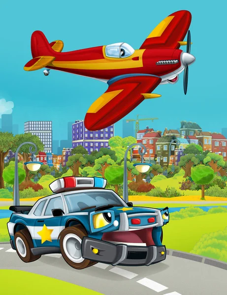 Tecknad scen med polisbil fordon på vägen och brandman flygplan flyger - illustration för barn — Stockfoto