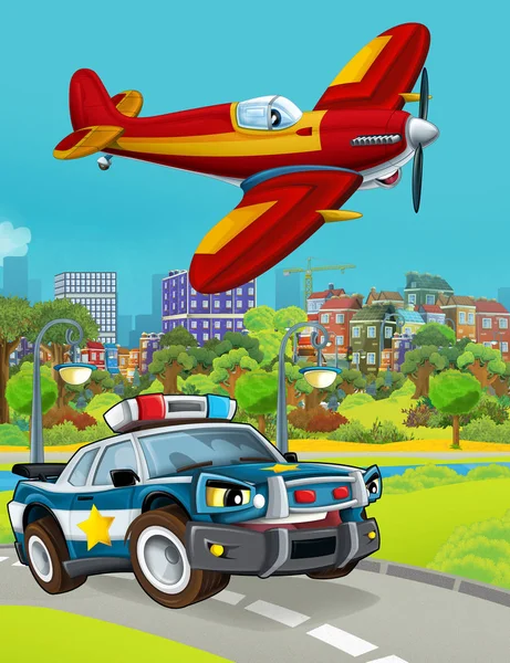 Cartoon scene met politie auto voertuig op de weg en brandweerman vliegtuig vliegen - illustratie voor kinderen — Stockfoto