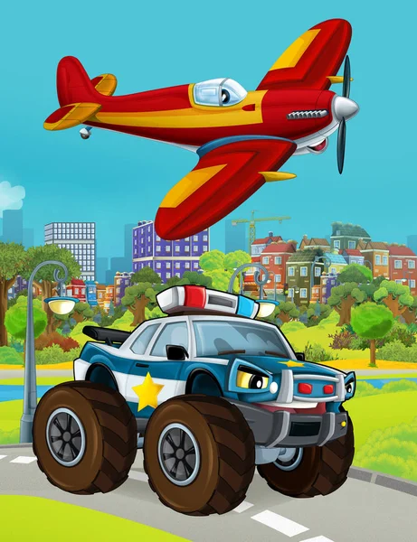 Cartoon scene with police car vehicle on the road and fireman plane flying - illustration for children — Stock Photo, Image