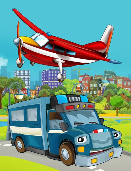 Cartoon scene with police car vehicle on the road and fireman plane flying - illustration for children — Stock Photo, Image