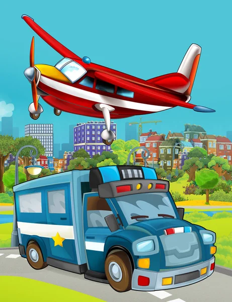 Scène de dessin animé avec véhicule de police sur la route et avion pompier volant illustration pour les enfants — Photo