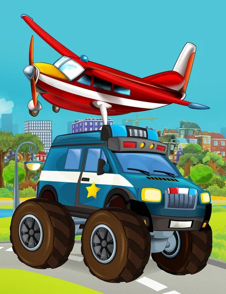 도로에서 경찰차를 몰고 다니는 만화 장면 과 어린이를 위해 하늘을 나는 소방관 비행기의 모습 — 스톡 사진
