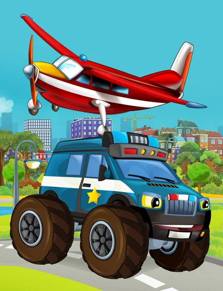 Cartoon scene with police car vehicle on the road and fireman plane flying - illustration for children — Stock Photo, Image