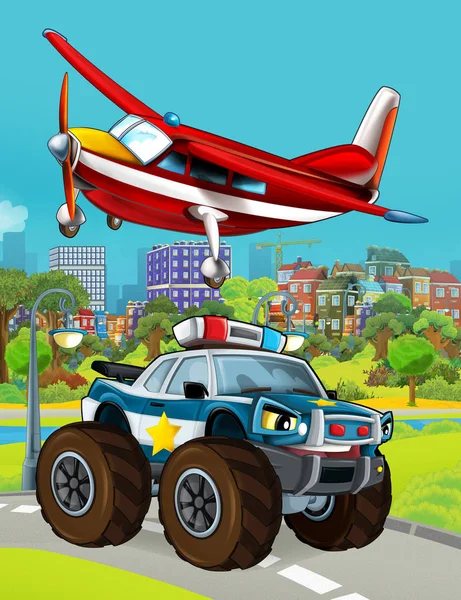 Cartoon scene met politie auto voertuig op de weg en brandweerman vliegtuig vliegen - illustratie voor kinderen — Stockfoto