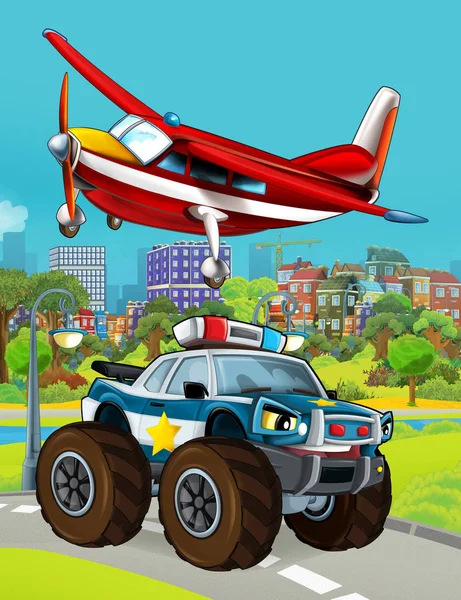 Cartoon scene with police car vehicle on the road and fireman plane flying - illustration for children — Stock Photo, Image