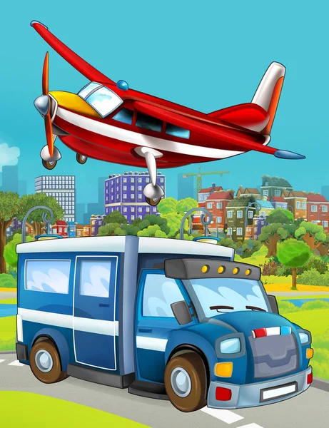 Escena de dibujos animados con vehículo de coche de policía en la carretera y avión bombero volando - ilustración para los niños —  Fotos de Stock