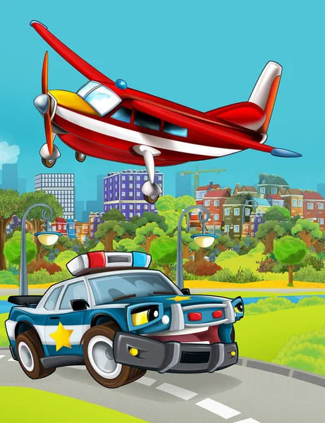 卡通片,道路上有警车,消防员的飞机在飞行.儿童图解 — 图库照片