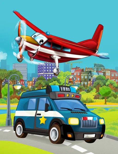 Scène de dessin animé avec véhicule de police sur la route et avion pompier volant illustration pour les enfants — Photo