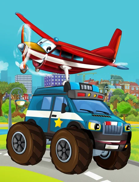 Мультфильм с полицейским автомобилем на дороге и летающим пожарным самолетом - иллюстрация для детей — стоковое фото