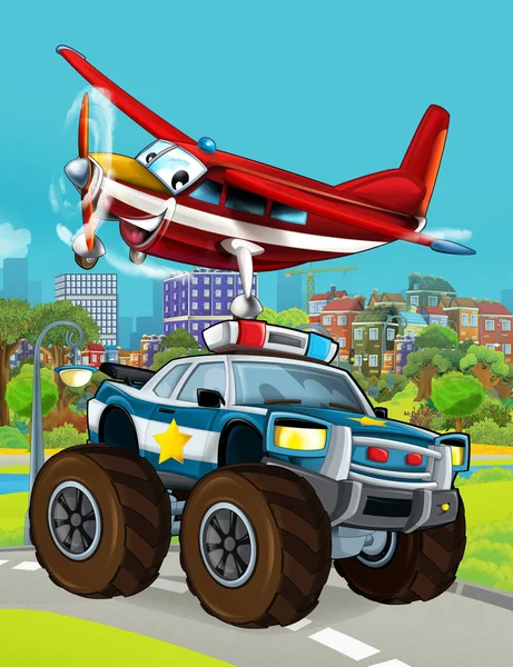 Scena kreskówek z radiowozem na drodze i samolotem strażackim latającym - ilustracja dla dzieci — Zdjęcie stockowe