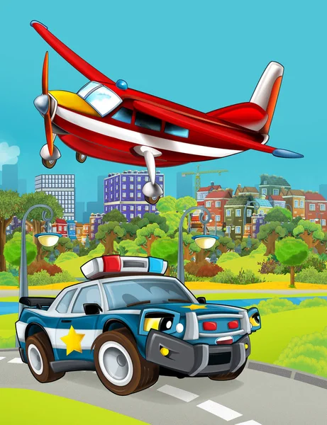 Cartoon scene met politie auto voertuig op de weg en brandweerman vliegtuig vliegen - illustratie voor kinderen — Stockfoto