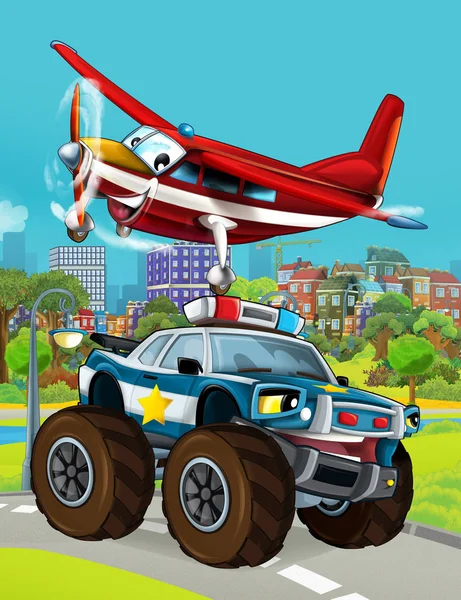 道路上の警察の車や消防士の飛行機が飛んで漫画シーン-子供のためのイラスト — ストック写真