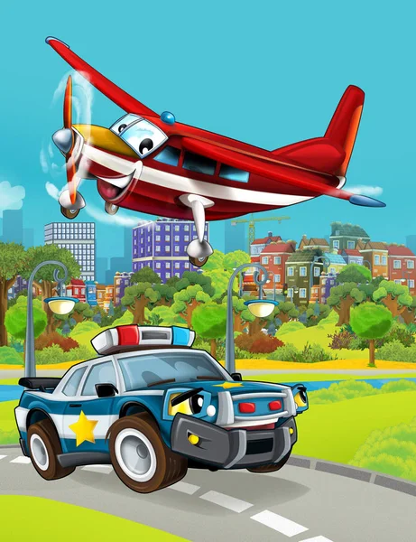 Cartoon scene met politie auto voertuig op de weg en brandweerman vliegtuig vliegen - illustratie voor kinderen — Stockfoto