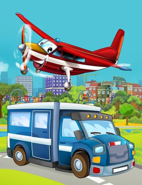 道路上の警察の車や消防士の飛行機が飛んで漫画シーン-子供のためのイラスト — ストック写真