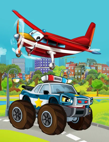 Cartoon-Szene mit Polizeiauto unterwegs und fliegendem Feuerwehrflugzeug - Illustration für Kinder — Stockfoto