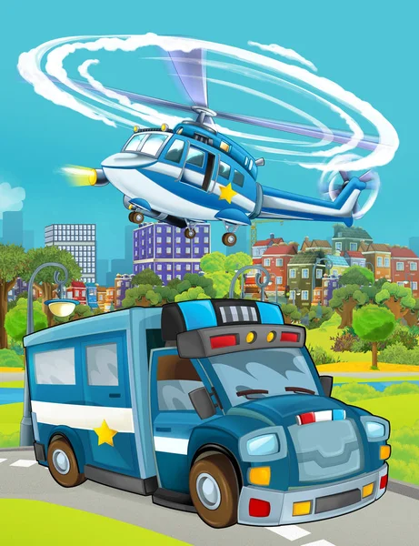 Scène de dessin animé avec véhicule de police sur la route et hélicoptère volant illustration pour les enfants — Photo