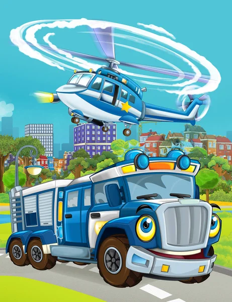 Tecknad scen med polisbil fordon på väg och helikopter flyger - illustration för barn — Stockfoto