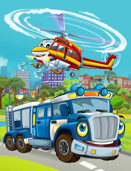 Cartoon scene with police car vehicle on the road and fireman helicopter flying - illustration for children — Stock Photo, Image