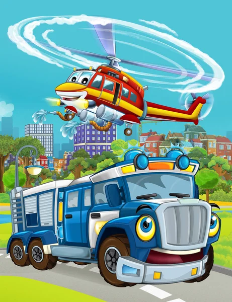 Cartoon scene with police car vehicle on the road and fireman helicopter flying - illustration for children — Stock Photo, Image