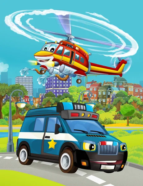 卡通片场景,道路上有警车,消防员直升机飞行.儿童图解 — 图库照片
