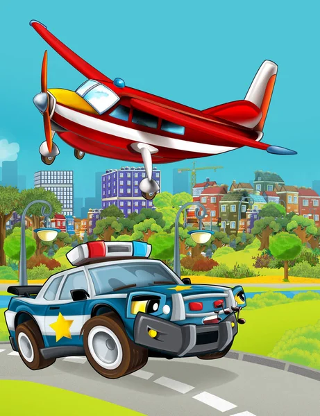 卡通片,道路上有警车,消防员的飞机在飞行.儿童图解 — 图库照片