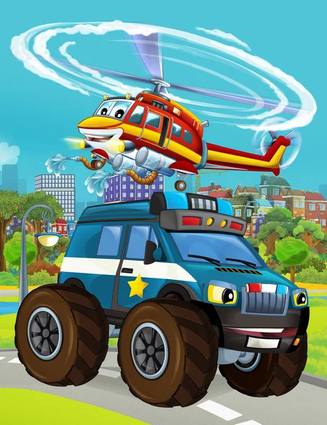 Cartoon scene met politie auto voertuig op de weg en brandweerman helikopter vliegen - illustratie voor kinderen — Stockfoto