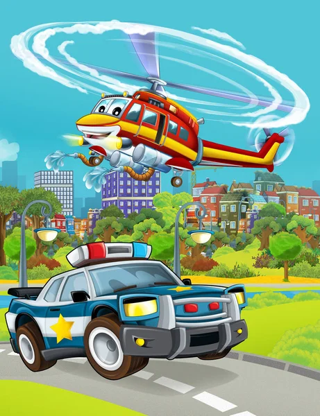 Cartoon-Szene mit Polizeiauto unterwegs und fliegendem Feuerwehrhubschrauber - Illustration für Kinder — Stockfoto