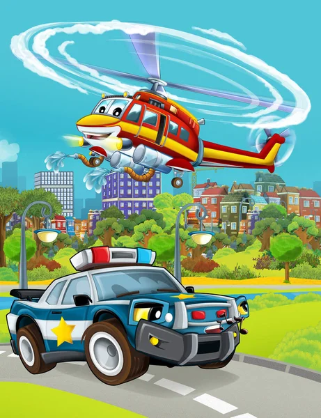 Rajzfilm jelenet rendőrautó jármű az úton, és tűzoltó helikopter repülő - illusztráció gyerekeknek — Stock Fotó