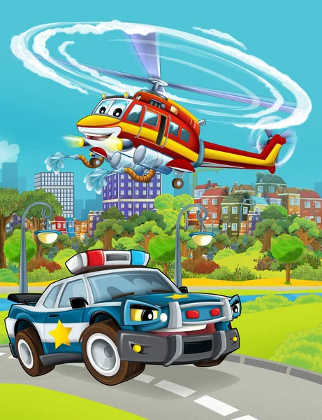 Scena kreskówek z radiowozem na drodze i helikopterem strażackim latającym - ilustracja dla dzieci — Zdjęcie stockowe
