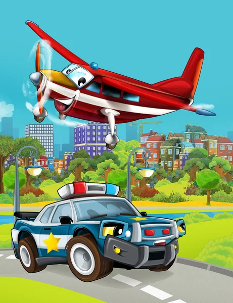 도로에서 경찰차를 몰고 다니는 만화 장면 과 어린이를 위해 하늘을 나는 소방관 비행기의 모습 — 스톡 사진