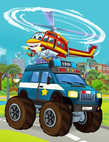 Мультфильм с полицейским автомобилем на дороге и вертолетом пожарного - иллюстрация для детей — стоковое фото