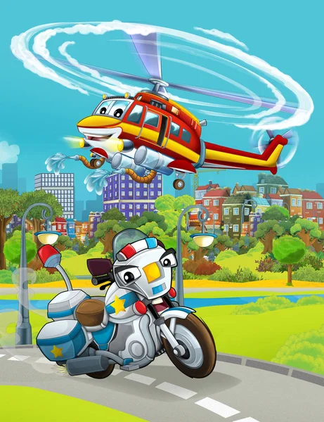 Scena dei cartoni animati con veicolo della polizia sulla strada e elicottero pompiere in volo - illustrazione per bambini — Foto Stock