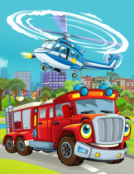 Kreslená scéna s hasičským vozidlem na silnici projíždějící t — Stock fotografie