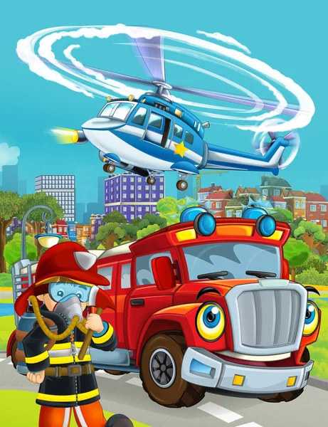 cartoon scene with different fire fighter machines helicopter and fire brigade truck illustration for children