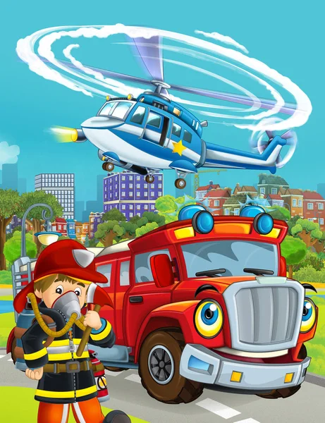 Cartoon-Szene mit Feuerwehrfahrzeug auf der Durchfahrt — Stockfoto