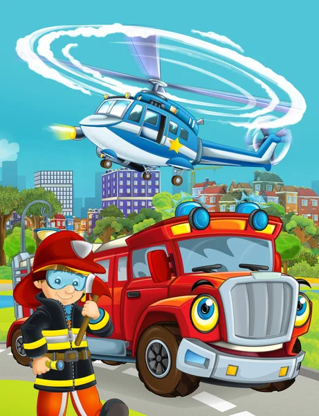 Scena del fumetto con veicolo pompiere sulla strada guidando attraverso t — Foto Stock