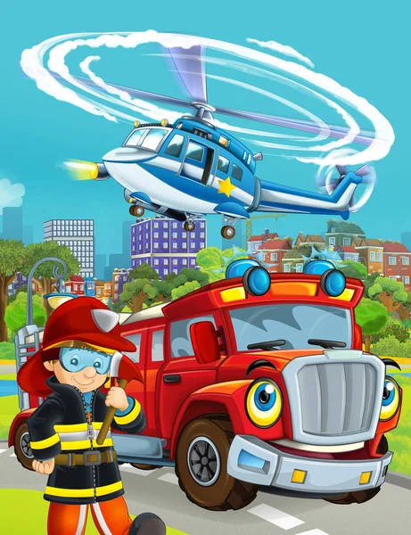 Scena del fumetto con veicolo pompiere sulla strada guidando attraverso t — Foto Stock
