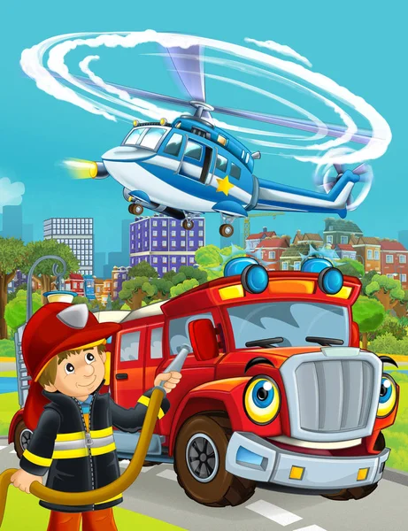 Tecknad scen med brandman fordon på vägen kör genom t — Stockfoto