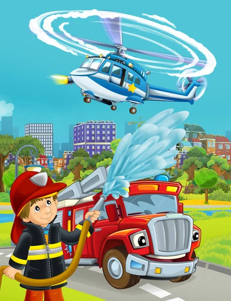 Cartoon scene with fireman vehicle on the road - illustration fo — Stock Photo, Image