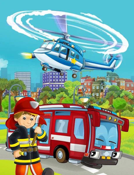 Cartoon scene with fire brigade car vehicle on the road and fire — Stock Photo, Image